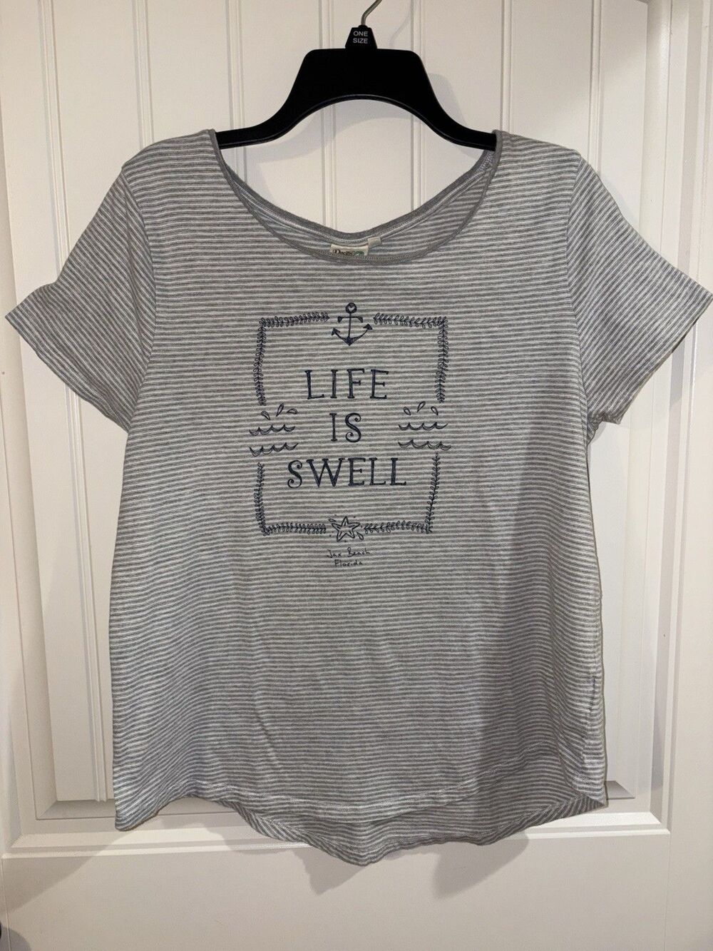Pacific Creations women’s XL, “life is swell” Gray / White Striped Anchor